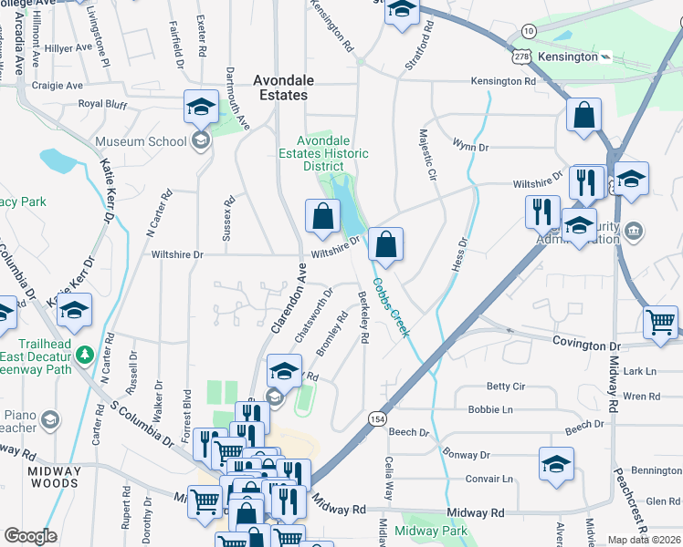 map of restaurants, bars, coffee shops, grocery stores, and more near 1056 Chatsworth Drive in Avondale Estates