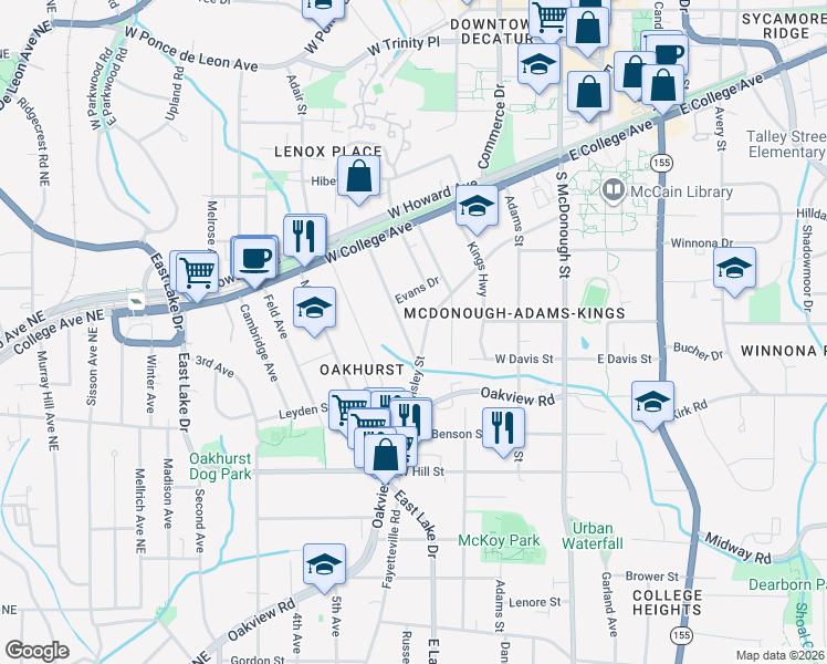 map of restaurants, bars, coffee shops, grocery stores, and more near 228 Jefferson Place in Decatur