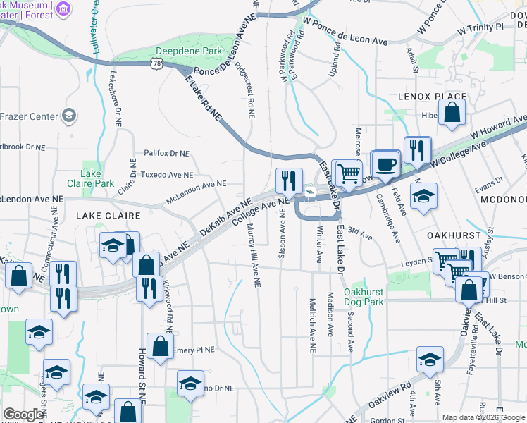 map of restaurants, bars, coffee shops, grocery stores, and more near 353 Murray Hill Avenue Northeast in Atlanta