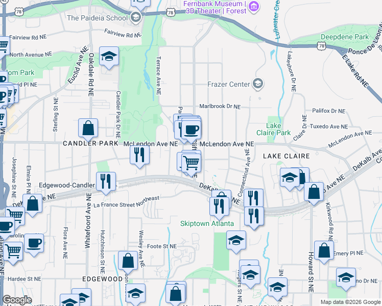 map of restaurants, bars, coffee shops, grocery stores, and more near 337 Clifton Road Northeast in Atlanta