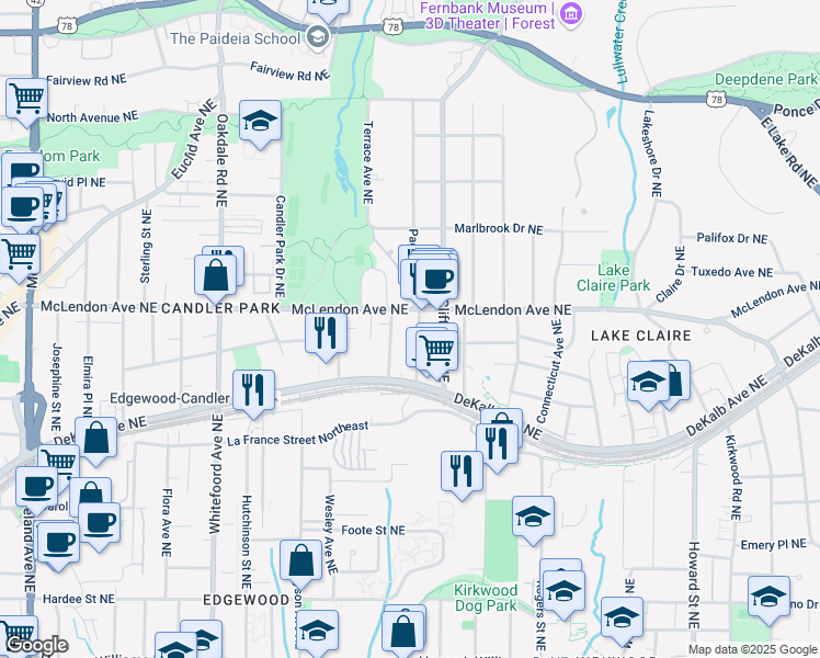 map of restaurants, bars, coffee shops, grocery stores, and more near 364 Brooks Avenue Northeast in Atlanta