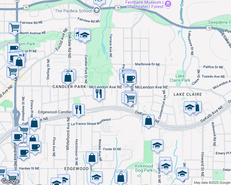 map of restaurants, bars, coffee shops, grocery stores, and more near 364 Glendale Avenue Northeast in Atlanta