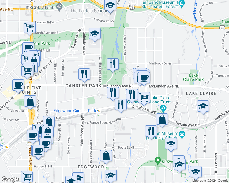 map of restaurants, bars, coffee shops, grocery stores, and more near 338 Mell Avenue Northeast in Atlanta