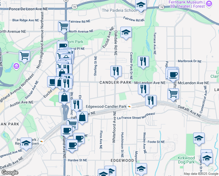 map of restaurants, bars, coffee shops, grocery stores, and more near 340 Oakdale Road Northeast in Atlanta