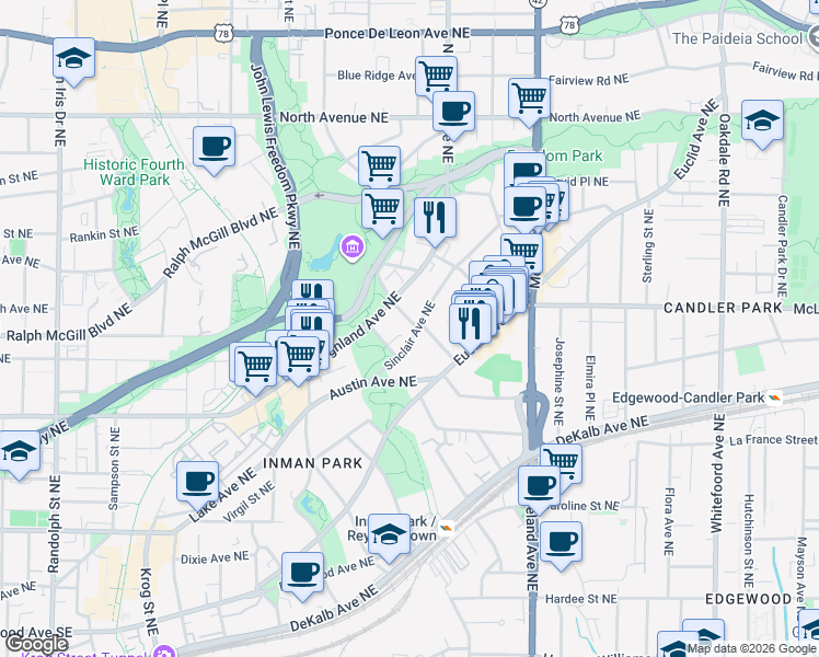 map of restaurants, bars, coffee shops, grocery stores, and more near 339 Sinclair Avenue Northeast in Atlanta