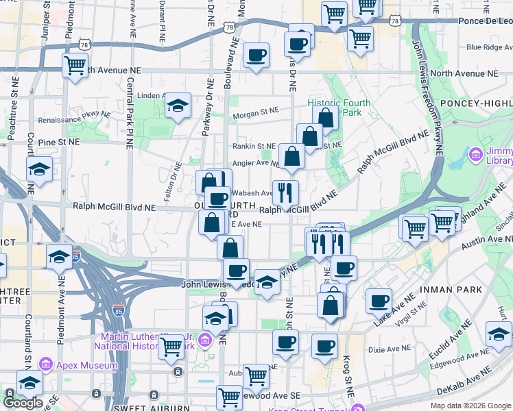 map of restaurants, bars, coffee shops, grocery stores, and more near 526 Ralph McGill Boulevard Northeast in Atlanta
