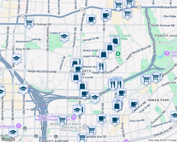 map of restaurants, bars, coffee shops, grocery stores, and more near 510 East Avenue Northeast in Atlanta