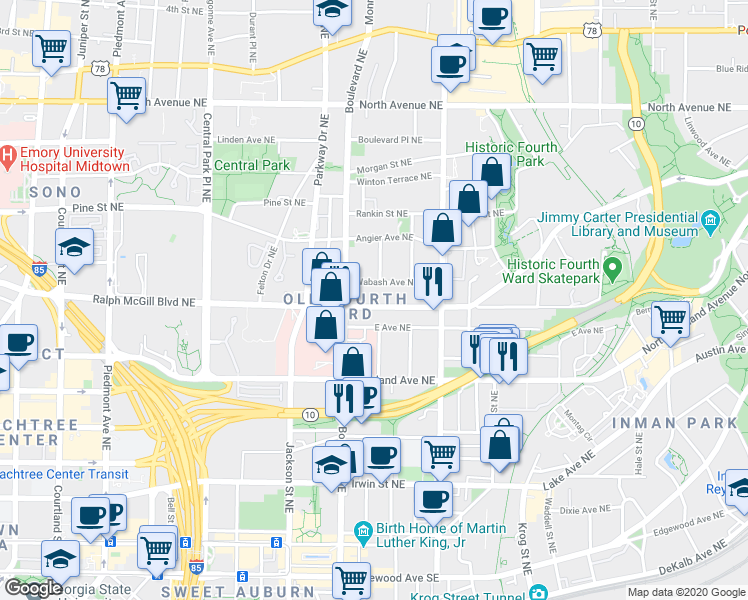map of restaurants, bars, coffee shops, grocery stores, and more near 508 Ralph McGill Boulevard Northeast in Atlanta