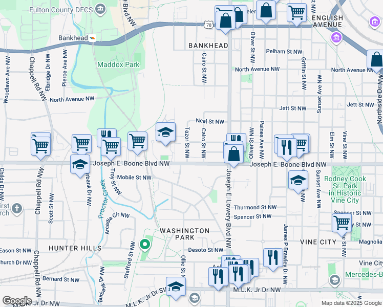 map of restaurants, bars, coffee shops, grocery stores, and more near in Atlanta