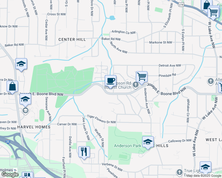 map of restaurants, bars, coffee shops, grocery stores, and more near 2069 Joseph E. Boone Boulevard Northwest in Atlanta