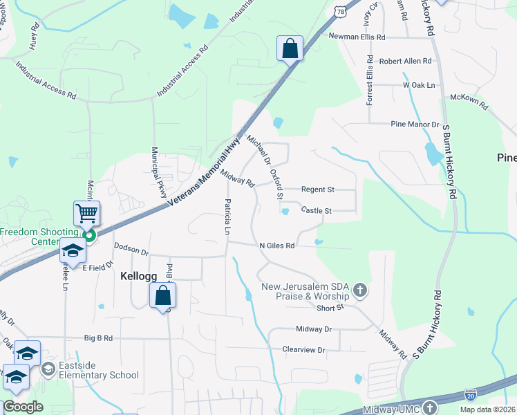 map of restaurants, bars, coffee shops, grocery stores, and more near 4380 Midway Road in Douglasville