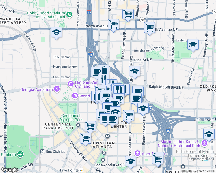 map of restaurants, bars, coffee shops, grocery stores, and more near 115 West Peachtree Street Northwest in Atlanta