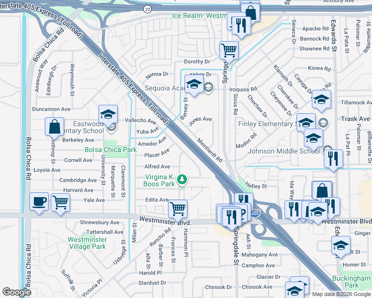 map of restaurants, bars, coffee shops, grocery stores, and more near 5781 Vallecito Avenue in Westminster