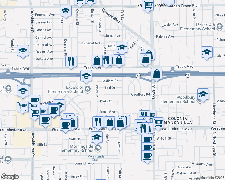 map of restaurants, bars, coffee shops, grocery stores, and more near 10642 Woodbury Road in Garden Grove