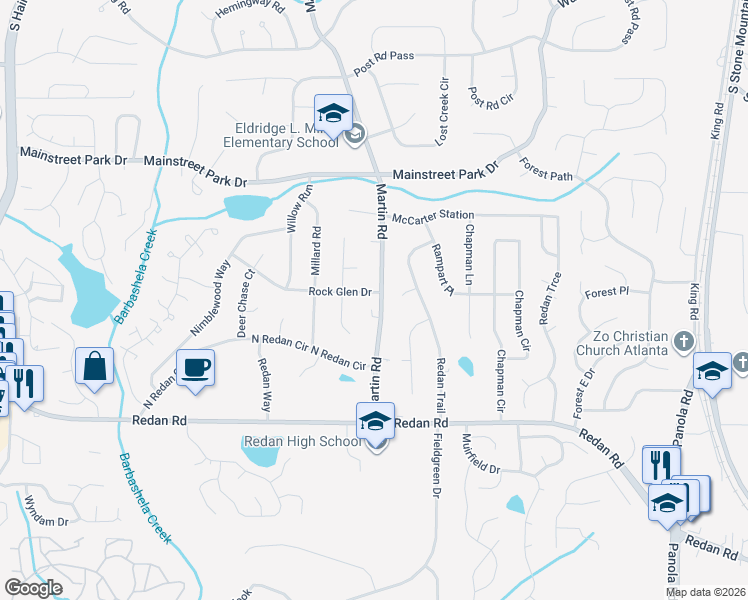 map of restaurants, bars, coffee shops, grocery stores, and more near 1070 Martin Road in Stone Mountain