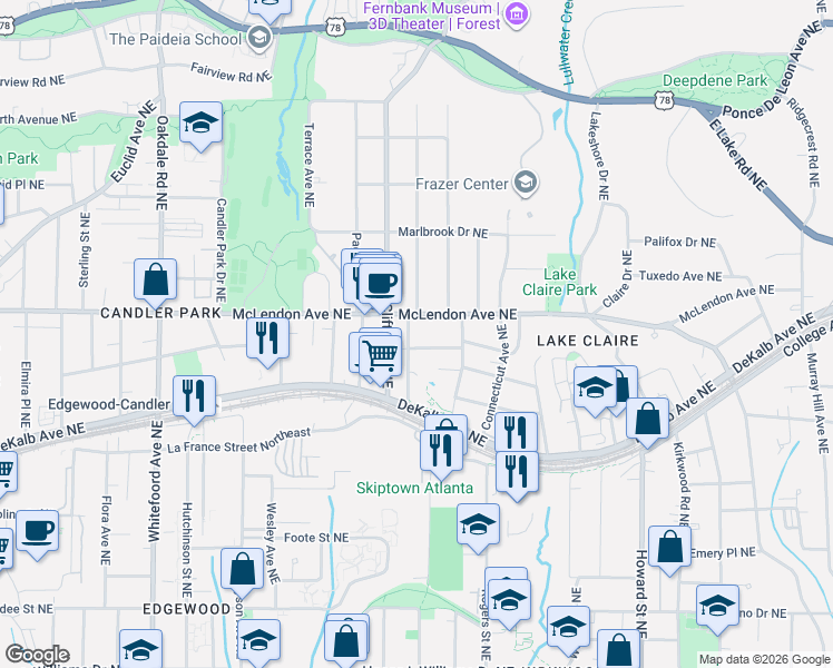 map of restaurants, bars, coffee shops, grocery stores, and more near 1709 Adolphus Street Northeast in Atlanta