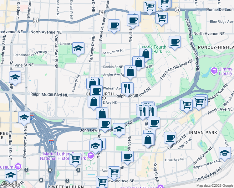 map of restaurants, bars, coffee shops, grocery stores, and more near 554 East Avenue Northeast in Atlanta