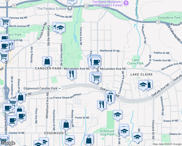 map of restaurants, bars, coffee shops, grocery stores, and more near 364 Brooks Avenue Northeast in Atlanta