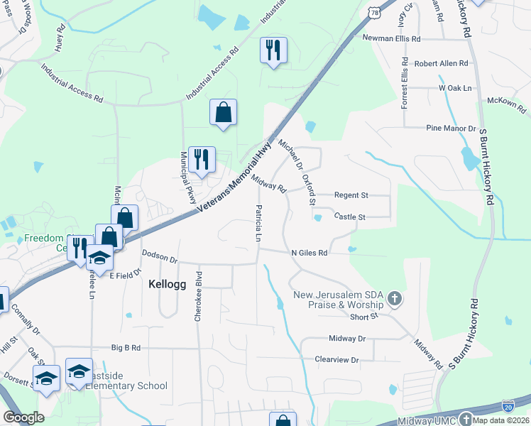 map of restaurants, bars, coffee shops, grocery stores, and more near 4381 Midway Road in Douglasville