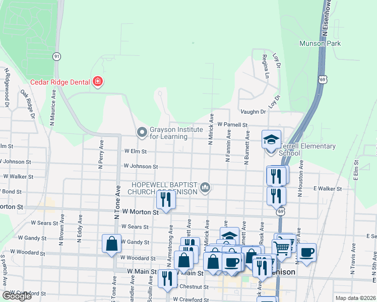 map of restaurants, bars, coffee shops, grocery stores, and more near 710 West Elm Street in Denison