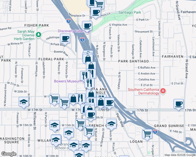 map of restaurants, bars, coffee shops, grocery stores, and more near 2057 North Bush Street in Santa Ana