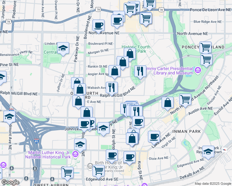 map of restaurants, bars, coffee shops, grocery stores, and more near 608 Ralph McGill Boulevard Northeast in Atlanta