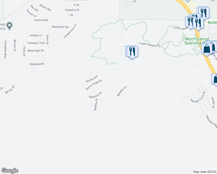 map of restaurants, bars, coffee shops, grocery stores, and more near 5 Mirada Circle in Rancho Mirage