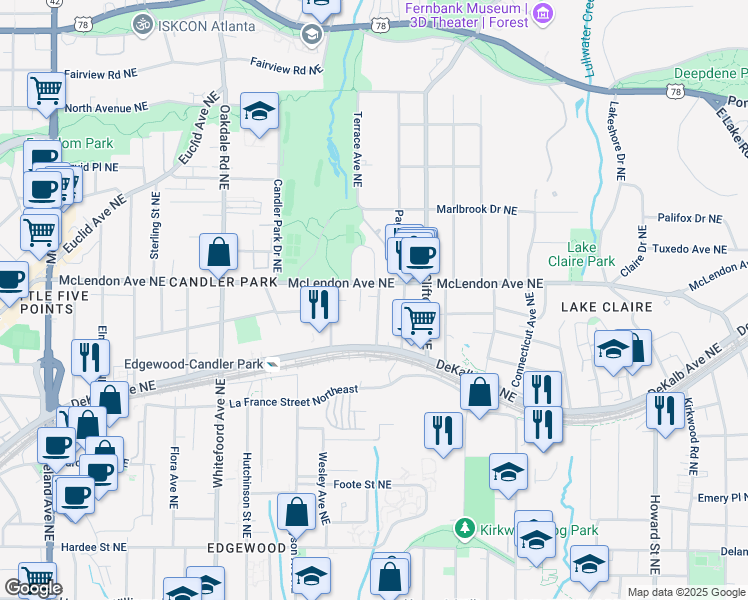 map of restaurants, bars, coffee shops, grocery stores, and more near 364 Glendale Avenue Northeast in Atlanta