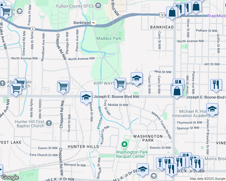 map of restaurants, bars, coffee shops, grocery stores, and more near 1181 Joseph E. Boone Boulevard Northwest in Atlanta