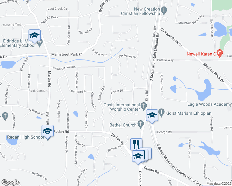 map of restaurants, bars, coffee shops, grocery stores, and more near 5387 Forest Place in Stone Mountain