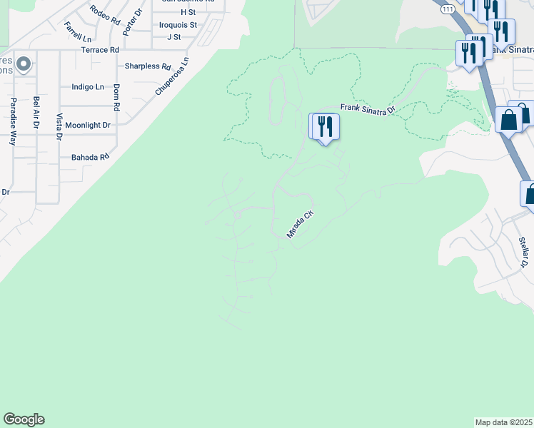 map of restaurants, bars, coffee shops, grocery stores, and more near 5 Mirada Circle in Rancho Mirage