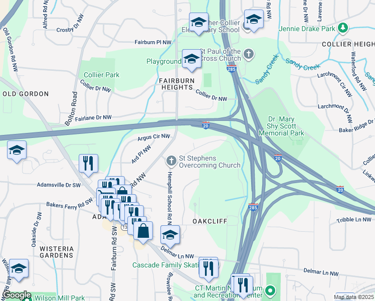 map of restaurants, bars, coffee shops, grocery stores, and more near 3395 Lake Valley Road Northwest in Atlanta