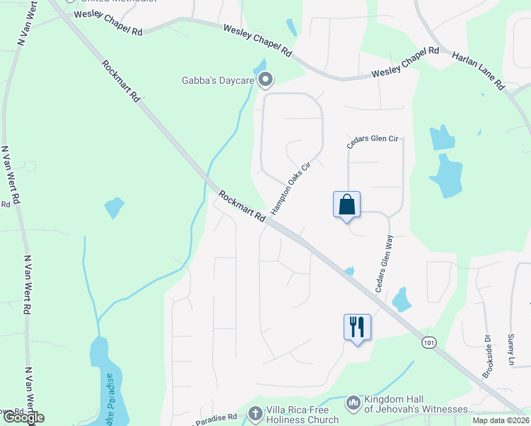 map of restaurants, bars, coffee shops, grocery stores, and more near 8 Hitchcock Drive in Villa Rica