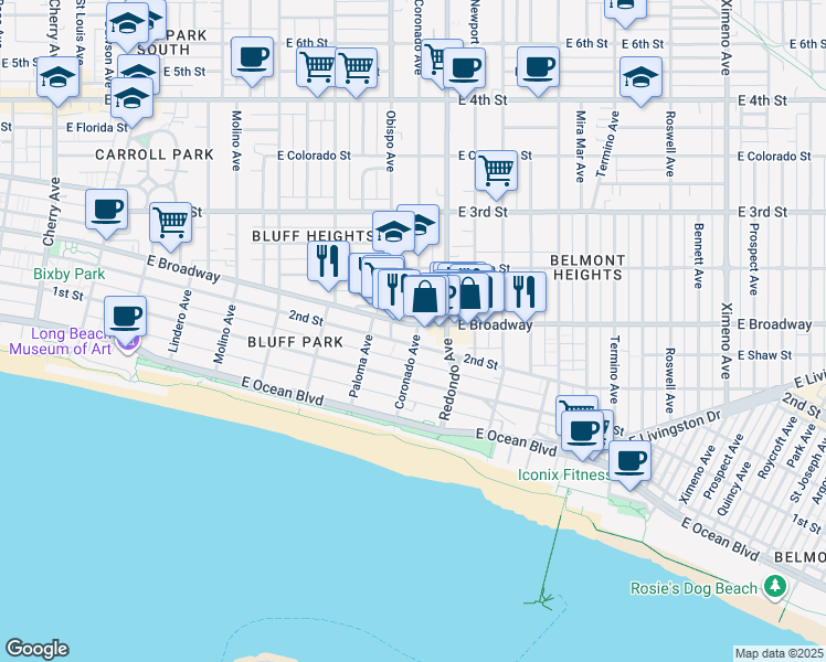 map of restaurants, bars, coffee shops, grocery stores, and more near 3300 2nd Street in Long Beach