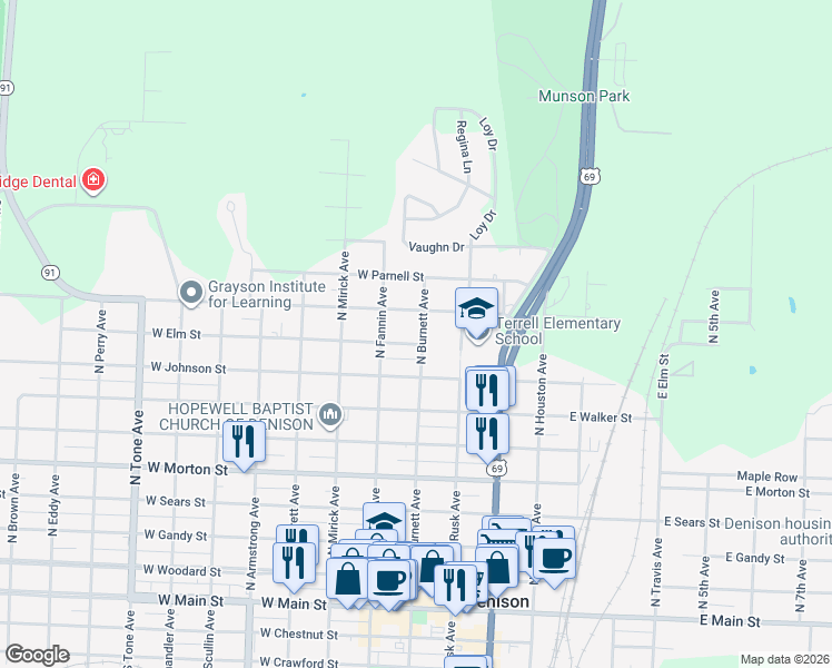 map of restaurants, bars, coffee shops, grocery stores, and more near 404 West Elm Street in Denison