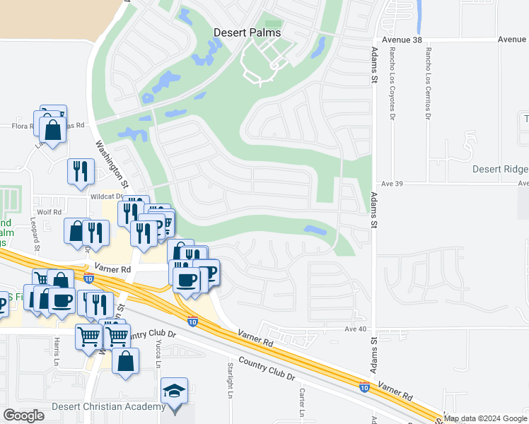map of restaurants, bars, coffee shops, grocery stores, and more near 78655 Golden Reed Drive in Palm Desert