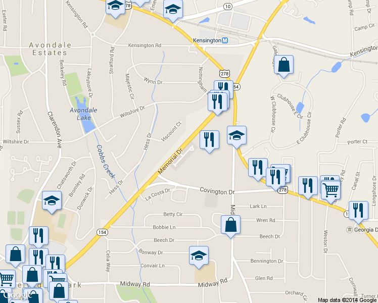 map of restaurants, bars, coffee shops, grocery stores, and more near 1064 North Village Drive in Decatur