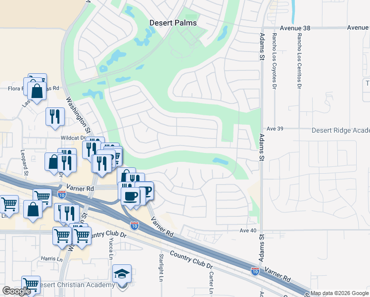 map of restaurants, bars, coffee shops, grocery stores, and more near 78655 Golden Reed Drive in Palm Desert