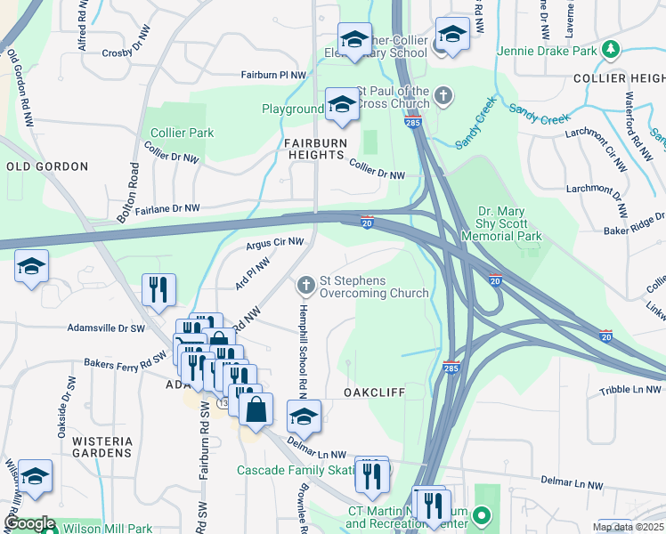 map of restaurants, bars, coffee shops, grocery stores, and more near 3387 Lake Valley Road Northwest in Atlanta