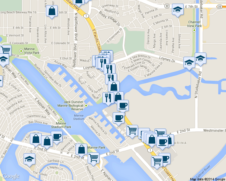 map of restaurants, bars, coffee shops, grocery stores, and more near 6201-6313 Pacific Coast Hwy in Long Beach
