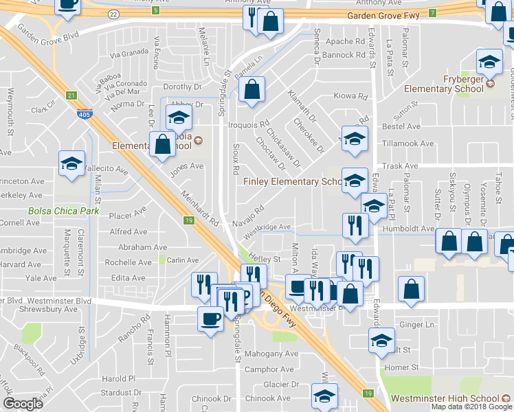 map of restaurants, bars, coffee shops, grocery stores, and more near 6091 Navajo Road in Westminster