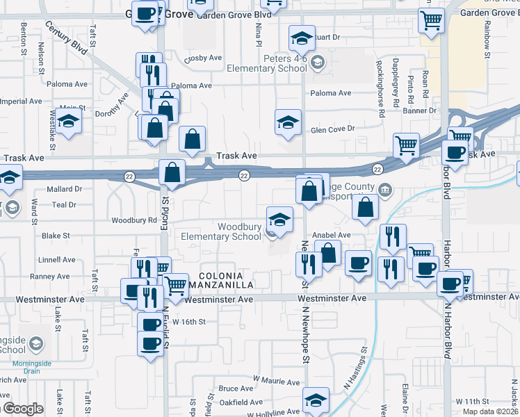 map of restaurants, bars, coffee shops, grocery stores, and more near 13631 Malibu Street in Garden Grove