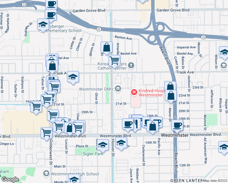 map of restaurants, bars, coffee shops, grocery stores, and more near 13700 Hoover Street in Westminster