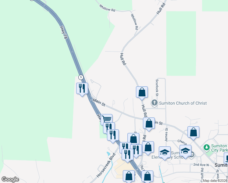 map of restaurants, bars, coffee shops, grocery stores, and more near 151 Reservoir Street in Sumiton