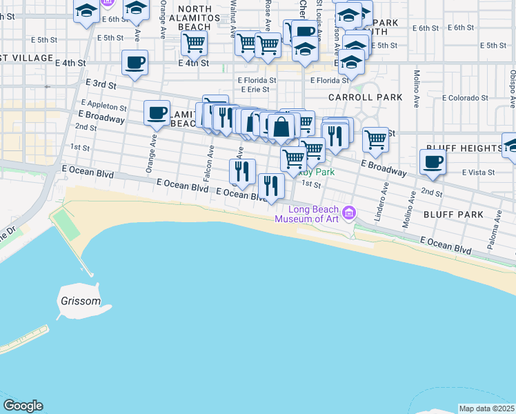 map of restaurants, bars, coffee shops, grocery stores, and more near 1800 East Ocean Boulevard in Long Beach