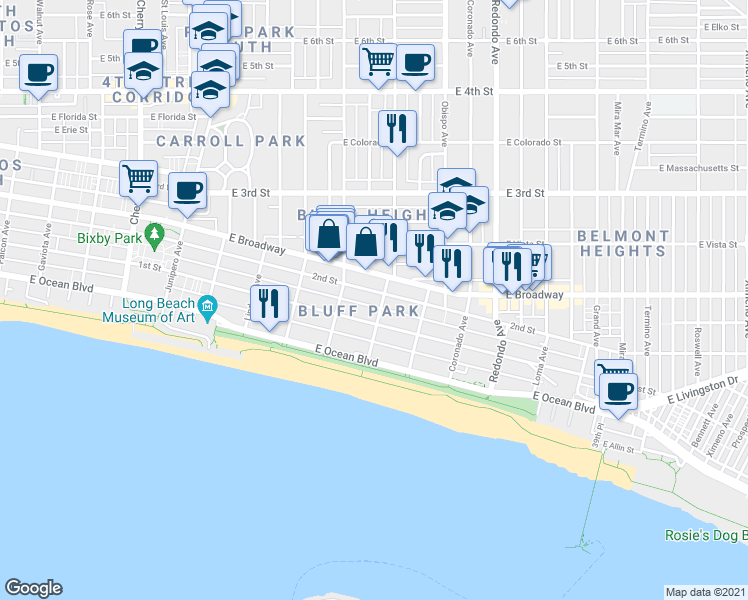 map of restaurants, bars, coffee shops, grocery stores, and more near 2924 East 2nd Street in Long Beach