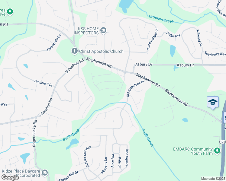 map of restaurants, bars, coffee shops, grocery stores, and more near 7175 Brushwood Bend in Lithonia
