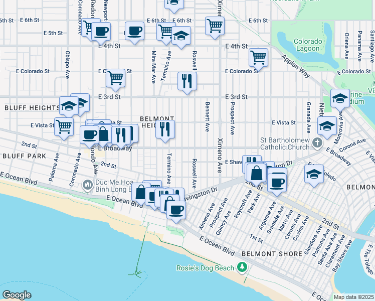 map of restaurants, bars, coffee shops, grocery stores, and more near 4114 East Broadway in Long Beach