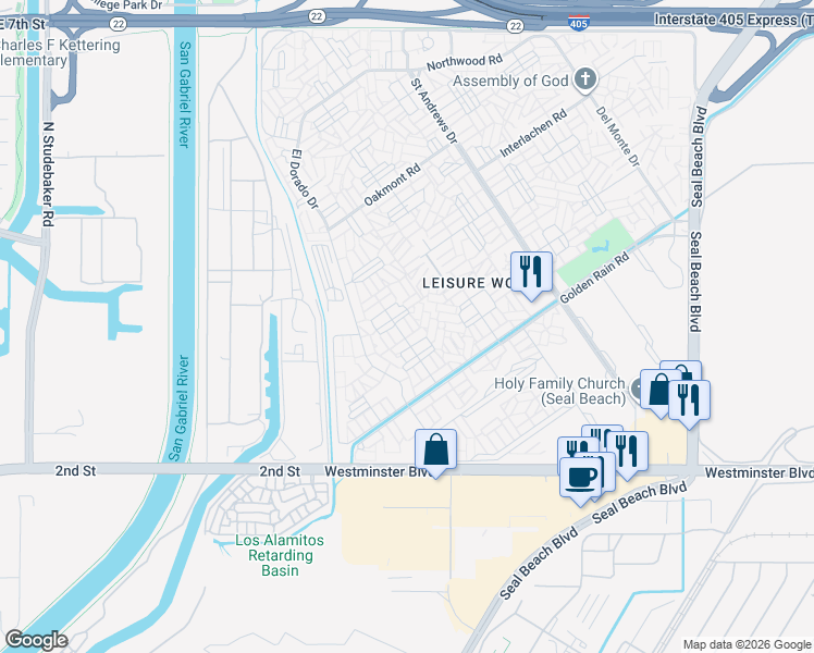 map of restaurants, bars, coffee shops, grocery stores, and more near 1400 Wee Burn Road in Seal Beach