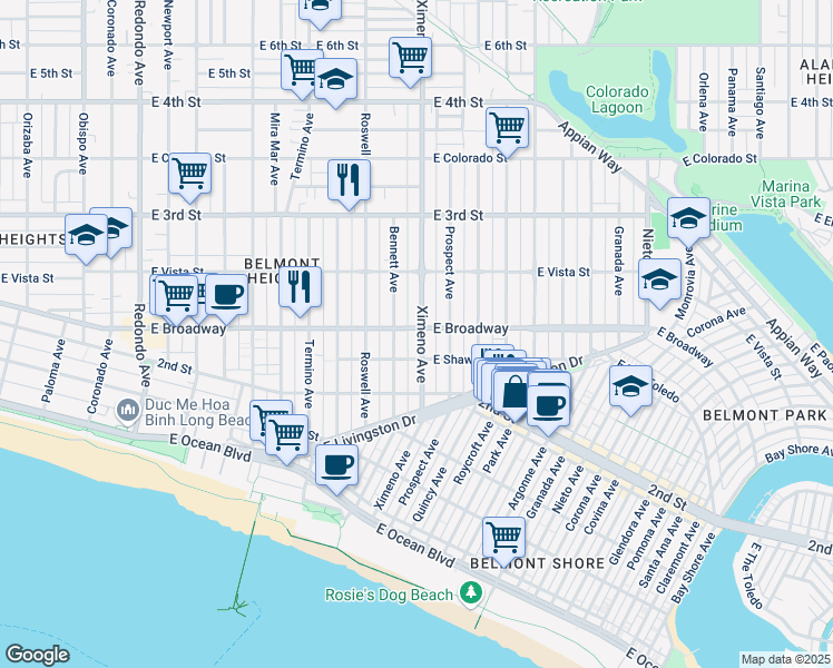 map of restaurants, bars, coffee shops, grocery stores, and more near 227 Ximeno Avenue in Long Beach